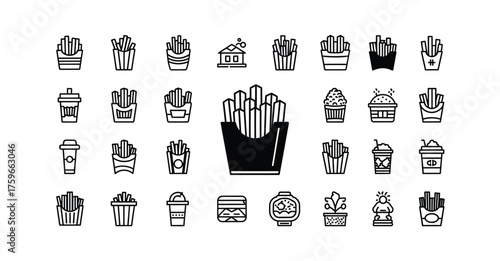 A collection of various fast food and drink icons in a black and white line art style set silhouette