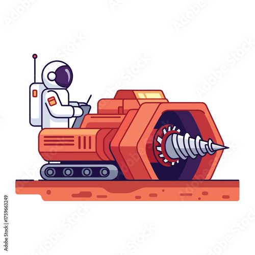 Astronaut operating a space rover with a drill attachment.
