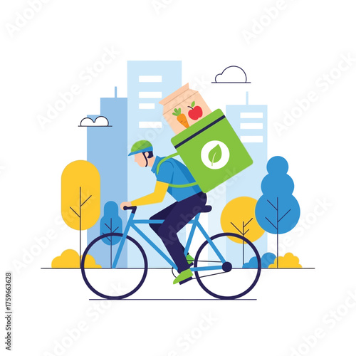 A cyclist delivers groceries with a green insulated bag in a city.