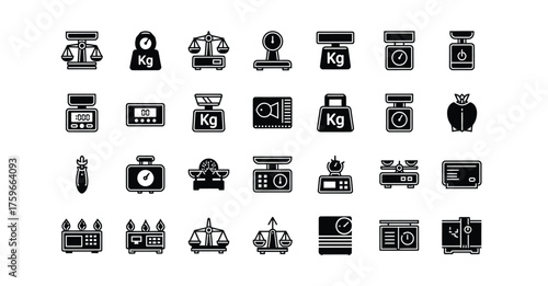 A collection of black and white scale icons representing various types of weighing scales silhouette