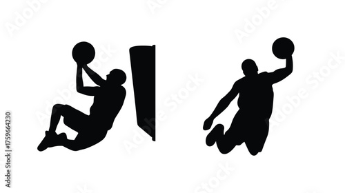 Dynamic basketball dunk silhouettes capturing athleticism and action in sport