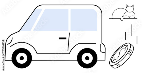 Electric car beside falling coin and lounging cat emphasizing eco-friendliness, savings, and minimalism. Ideal for transportation, sustainability, finance, energy, urban living, eco-tech and green