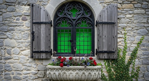 Ornate Window with Shutters and Flower Box on Stone Building.