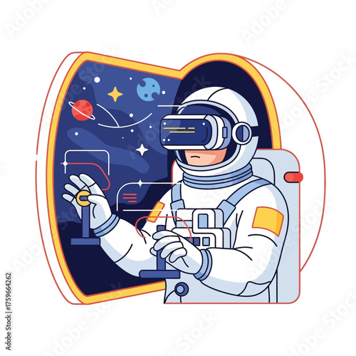 Astronaut wearing VR headset, interacting with space in virtual reality.