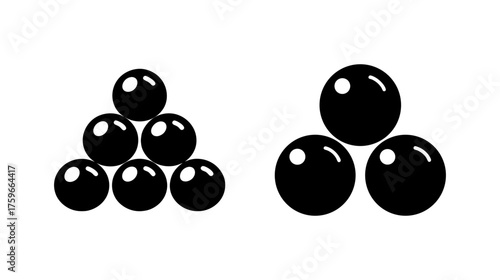 Arrangement of shiny black billiard balls in triangular formations with highlights