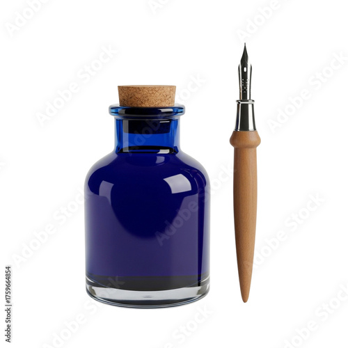 Calligraphy Ink Bottle with Pen Isolated on Transparent Background for Writing Illustration
