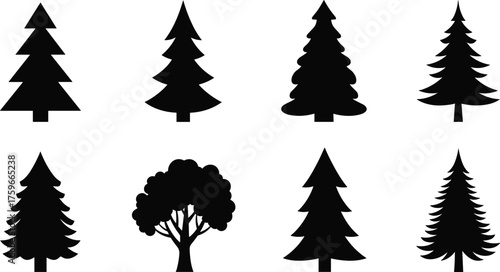 Silhouette collection of various pine trees, spruce trees, fir trees, and deciduous tree shapes isolated on white background for design use