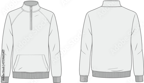 Quarter zip pullover sweatshirt front and back view, raglan sleeves, kangaroo pocket, ribbed cuffs hem, cad drawing flat vector illustrationQuarter zip pullover sweatshirt front and back view, 