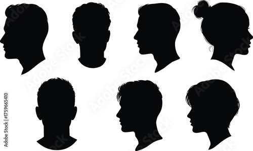 Human head silhouette collection, male and female profile and front view vector design, modern hairstyle people portrait illustration