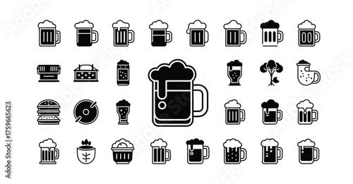 A collection of beer mugs and food icons in black and white vector format for designs use silhouette