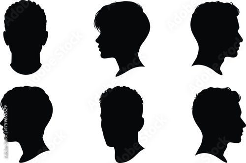 Silhouette profiles of men and women heads, black vector face outlines and hairstyles, front and side view illustration art