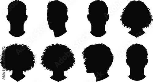 Silhouette collection of diverse men and women heads, black vector profiles and hairstyles, front and side view illustration art