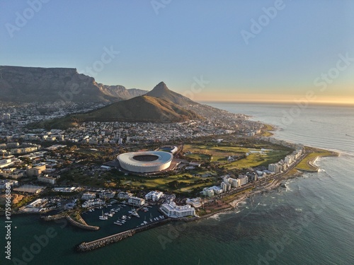 Coast of Cape Town looking toward Lions Head, Signal Hill, Green Point Stadium and Table Mountain