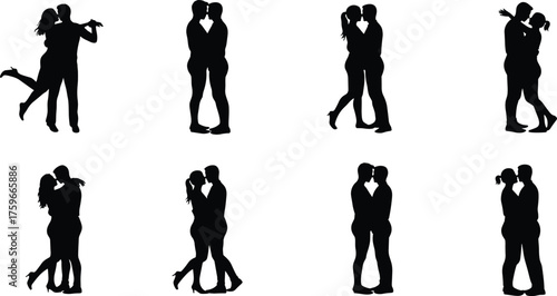 Romantic couple silhouette collection showing love, kissing, hugging and relationship poses, vector illustration design for Valentine and romance themes