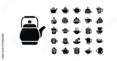 A collection of black silhouette icons depicting various teapots and tea cups on white background