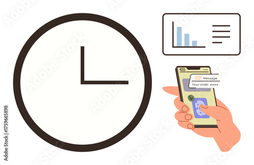 Large analog clock, phone with fingerprint scan and message notification, data chart. Ideal for security, authentication, technology, productivity, analytics digital tools efficiency. Simple flat