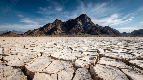 Cracked dry earth stretches towards rugged mountains under a bright sky.