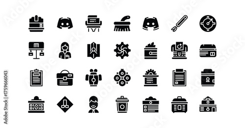 A collection of thirty black glyph icons arranged in rows on a white background surface silhouette