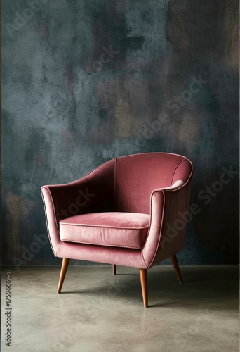 Dark red velvet armchair, on grey floor with dark textured walls