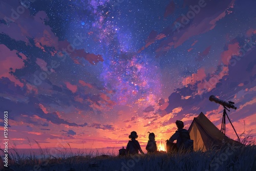 A serene night of stargazing and camping under a vibrant galaxy sky.