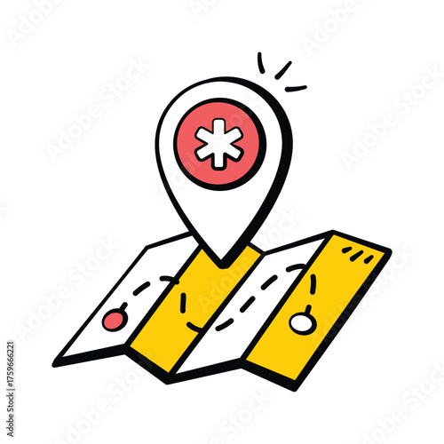 Map pin with medical symbol showing hospital or healthcare location hand drawn icon