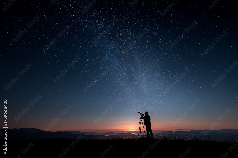 Fototapeta premium Silhouette of an astronomer observing the mesmerizing starry night sky.