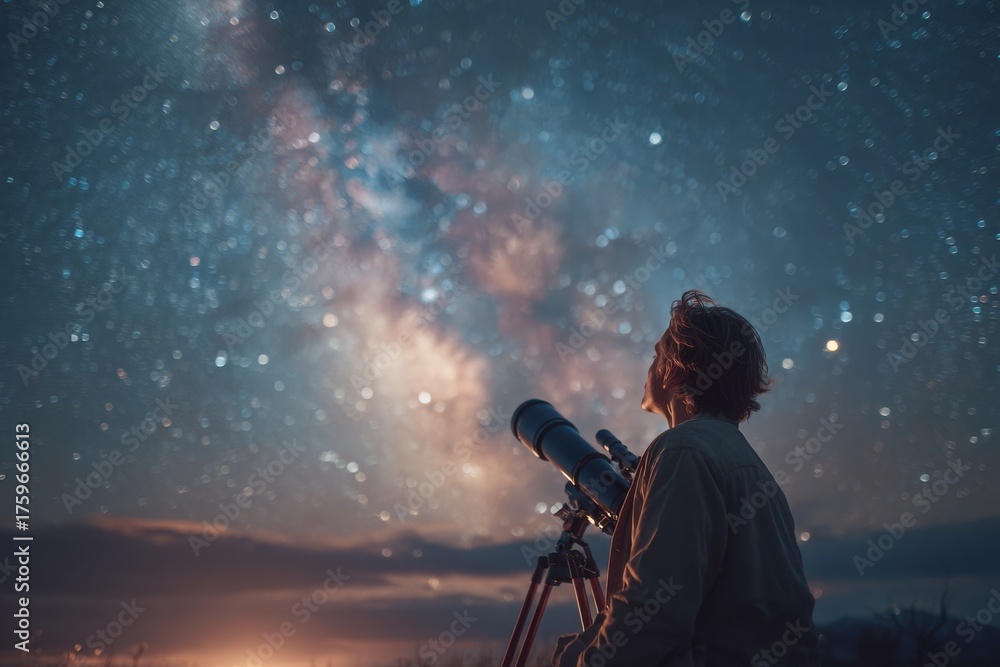 Fototapeta premium Stargazing: A person observes the Milky Way with a telescope at night.