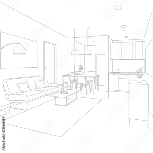 Modern Interior Room Set Vector Collection | Outline Flat Design with Realistic Details