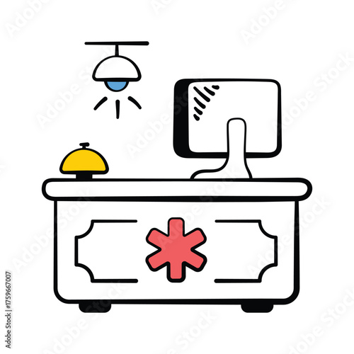 Hospital reception desk icon, healthcare service, patient registration, and hospital administration.
