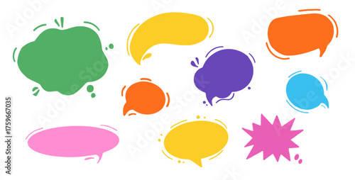 Hand drawn set of colorful speech bubbles, chat bubble, dialog boxes or callouts. Different Speech bubbles shapes ideal for social media posts, journaling, scrapbooking, and wellness quotes
