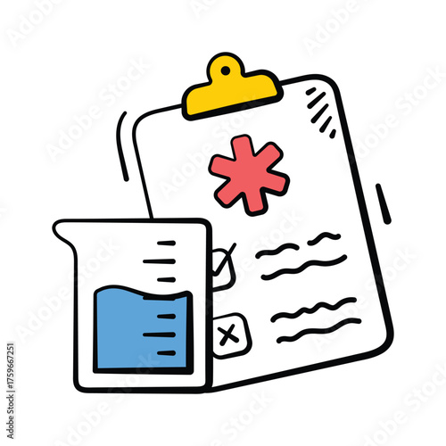 Hand drawn icon of blood report with test tube symbolizing diagnostics.
