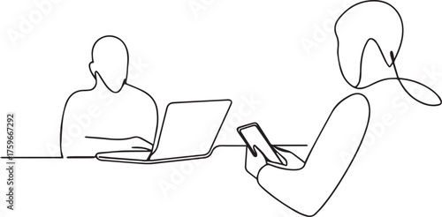 Minimalist line drawing of two people in a conversation with a microphone and laptop