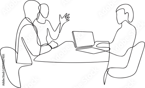 Minimalist line drawing of two people in a conversation with a microphone and laptop