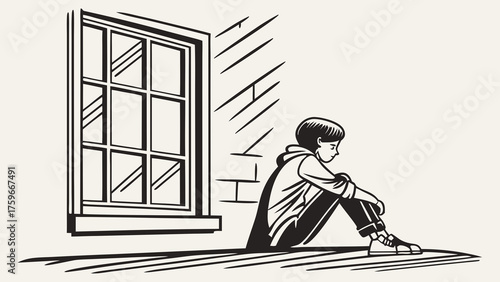 A Depressed Figure Sits Beside a Window Contemplating Loneliness and Sadness