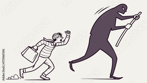 Cartoon depiction of a thief chasing a frightened man with a shopping bag