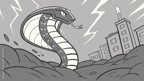Cartoon Cobra Rising Over City with Lightning Strikes and Buildings