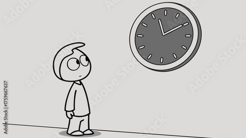 Cartoon Figure Gazing at a Clock Illustrating the Concept of Time