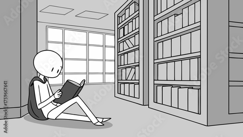 Cartoon Figure Reading Book in Library Surrounded by Bookshelves