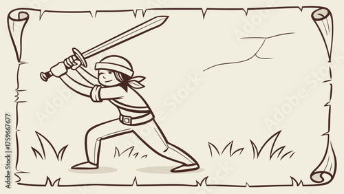 Cartoon Warrior Brandishing Sword in a Dramatic ActionOriented Pose
