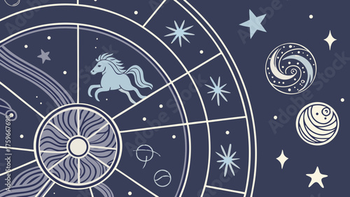 Celestial Zodiac Wheel with Horse Stars and Cosmic Elements on Navy Blue