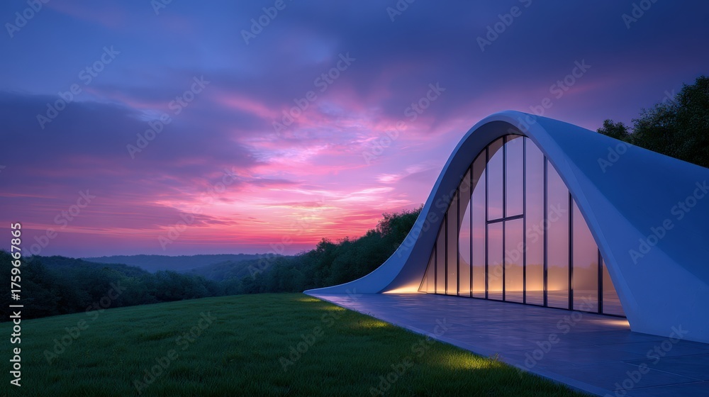 Obraz premium Modern building against colorful sunset sky in rural landscape