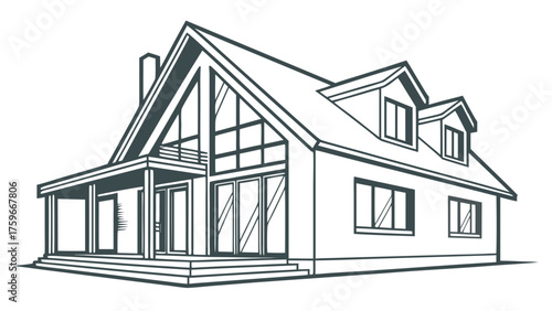 Photos Modern House Illustration with Large Windows and Gable Roof Design