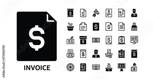 A collection of invoice related icons featuring dollar signs and financial transactions items silhouette