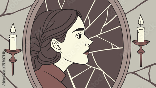 Profile of a woman in a stained glass window with lit candles