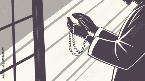 Praying Hands Holding Prayer Beads with Window Light and Shadows