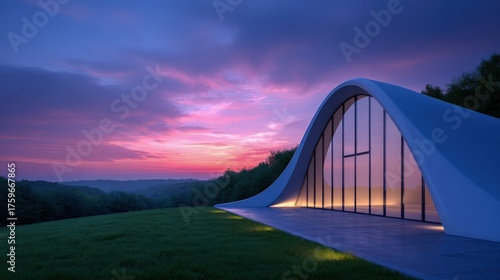 Modern building against colorful sunset sky in rural landscape