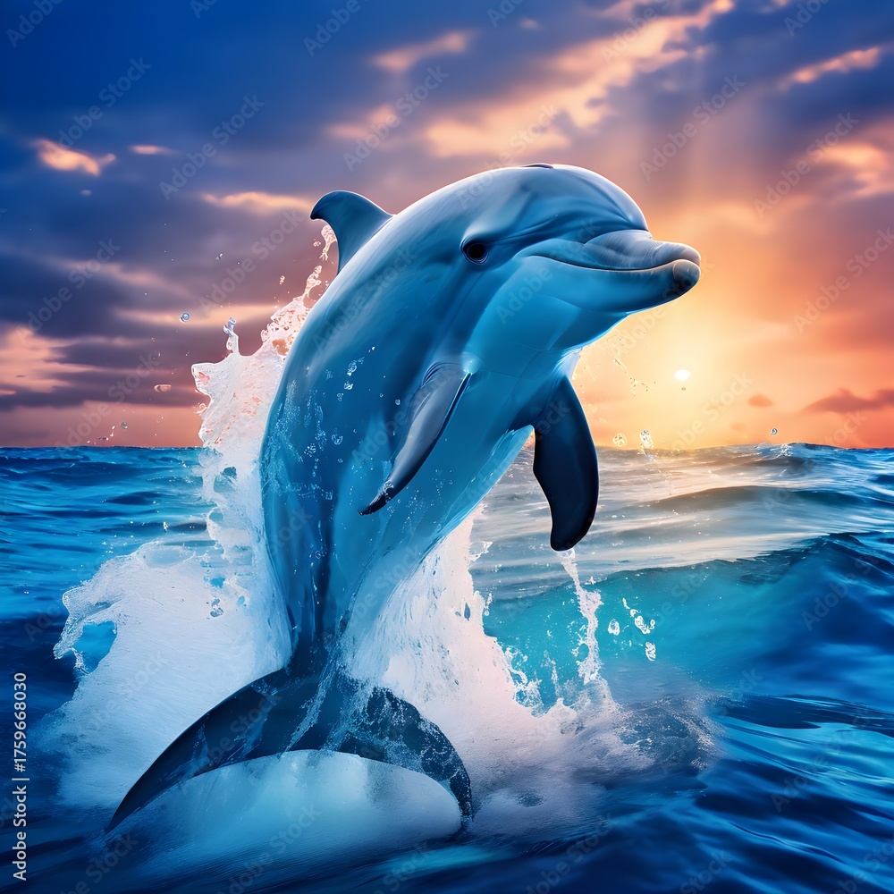 Naklejka premium A Majestic Dolphin Leaping from the Ocean at Sunset