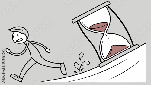 Stylized Man Running from Tilted Hourglass with Flowing Sand