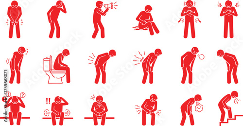 red stick figure icon set showing pain symptoms perfect for medical infographic and health awareness use