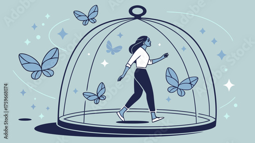 Woman Walking in a Cage with Butterflies Symbolizing Freedom and Confinement
